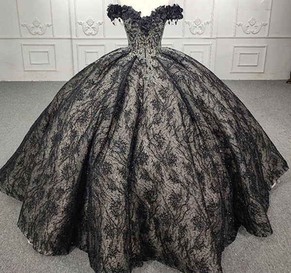 Quinceanera Black Off - the - Shoulder Ball Gown Dress - KissProm