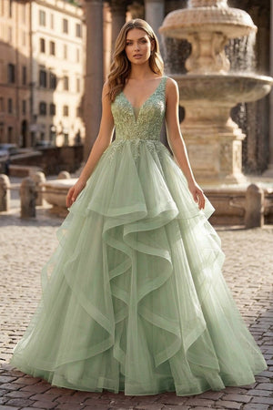 A-Line Prom Dresses Princess Dress Formal Floor Length Sleeveless V Neck Tulle Backless with Pleats Appliques – Prom Dress by KissProm | Available at KissProm