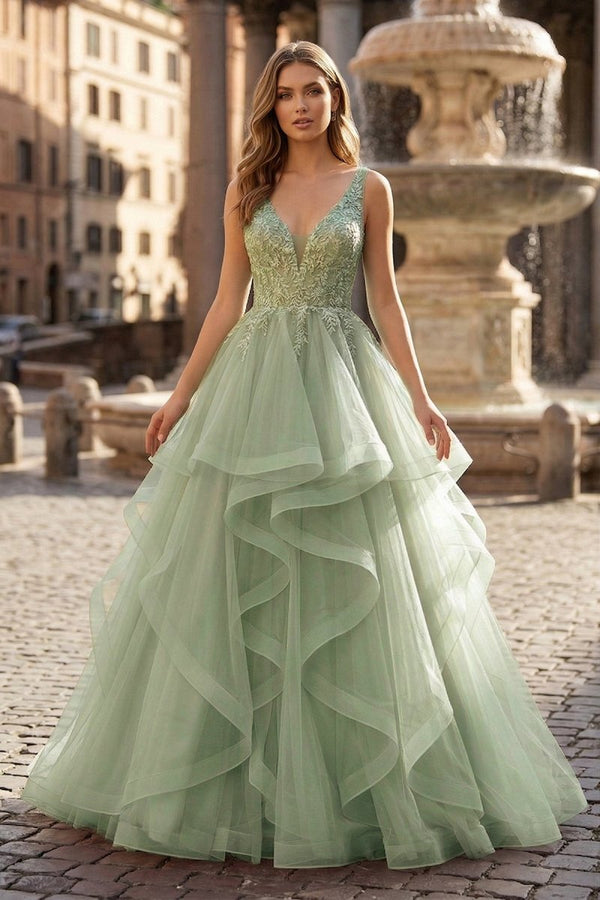 A-Line Prom Dresses Princess Dress Formal Floor Length Sleeveless V Neck Tulle Backless with Pleats Appliques – Prom Dress by KissProm | Available at KissProm