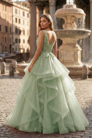 A-Line Prom Dresses Princess Dress Formal Floor Length Sleeveless V Neck Tulle Backless with Pleats Appliques – Prom Dress by KissProm | Available at KissProm