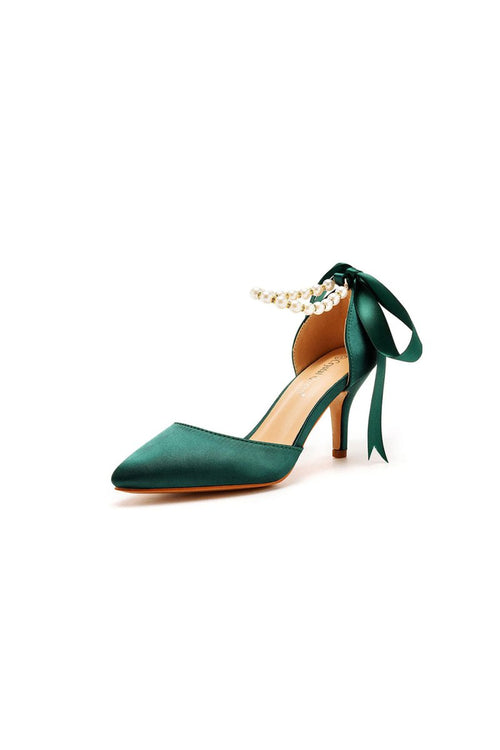 Satin Pearl Ribbon Tie Pointed Toe Ankle Strap High Heels - KissProm