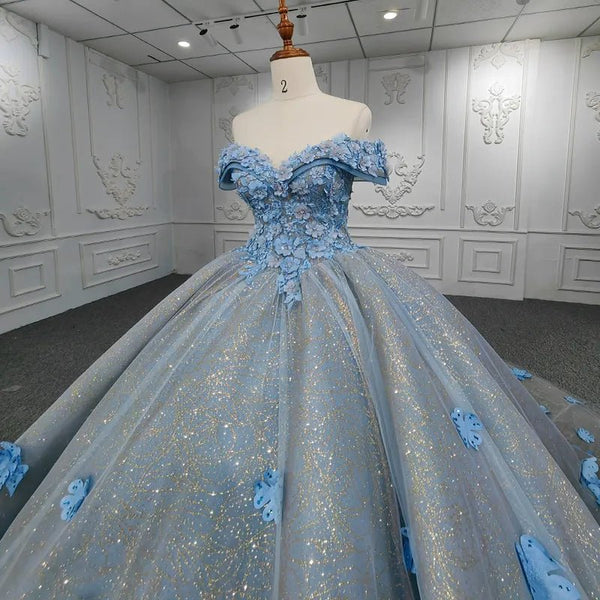 Quinceanera Blue Off - the - Shoulder Ball Gown Flower Dress - KissProm