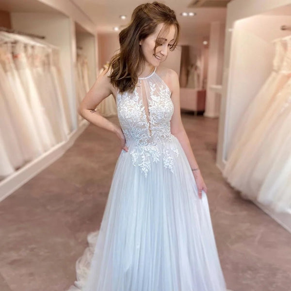 A - line Lace Tulle Wedding Dress Boho Style Online - KissProm