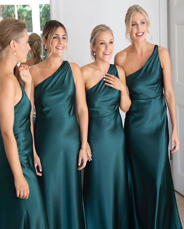 Sheath One Shoulder Silk Satin Sleeveless Long Bridesmaid Dress - KissProm