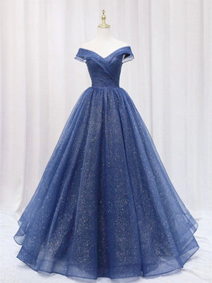 Shiny Off Shoulder Navy Blue Tulle Navy Blue Formal Graduation Evening Dresses