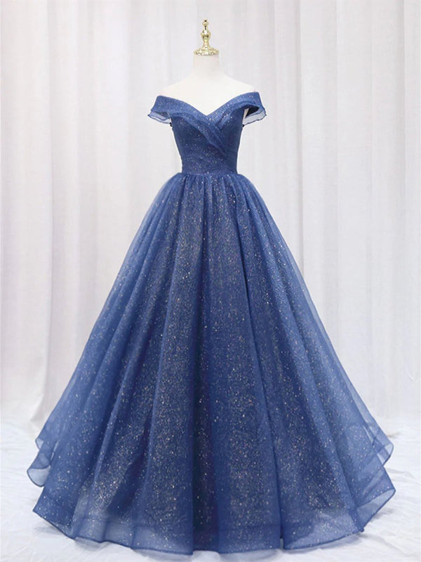 Shiny Off Shoulder Navy Blue Tulle Navy Blue Formal Graduation Evening Dresses