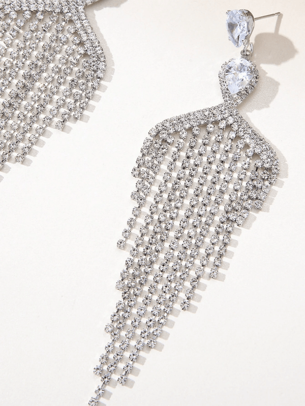 Silver Dangle Simple Rhinestones Tassel Long Earrings - KissProm