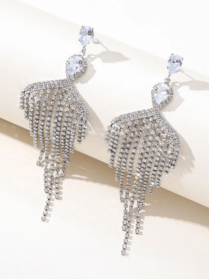 Silver Dangle Simple Rhinestones Tassel Long Earrings - KissProm