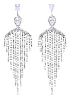 Silver Dangle Simple Rhinestones Tassel Long Earrings - KissProm