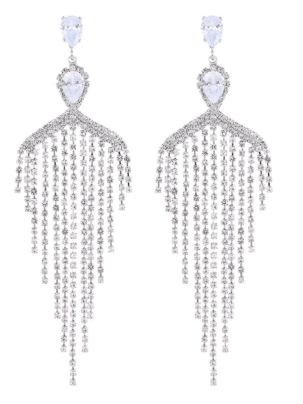 Silver Dangle Simple Rhinestones Tassel Long Earrings - KissProm