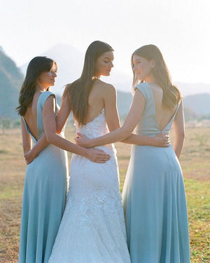 Simple A Line Chiffon V Neck Blue Sleeveless Long Bridesmaid Dresses - KissProm