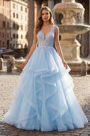 A-Line Prom Dresses Princess Dress Formal Floor Length Sleeveless V Neck Tulle Backless with Pleats Appliques – Prom Dress by KissProm | Available at KissProm