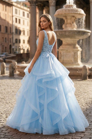 A-Line Prom Dresses Princess Dress Formal Floor Length Sleeveless V Neck Tulle Backless with Pleats Appliques – Prom Dress by KissProm | Available at KissProm