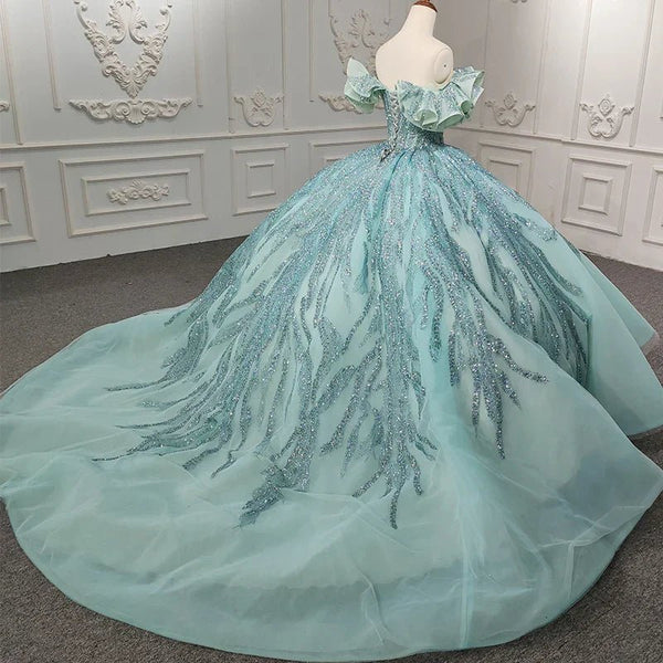 Quinceanera Dress Stylish Off - the - shoulder Party Dresses Crystal Beading Ball Gown - KissProm
