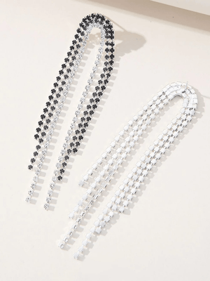 Tassel Silver Rhinestones Long Chain Earrings - KissProm
