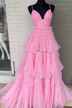 Tulle Deep V Neck Spaghetti Straps Long Prom Dress – Prom Dress by KissProm | Available at KissProm