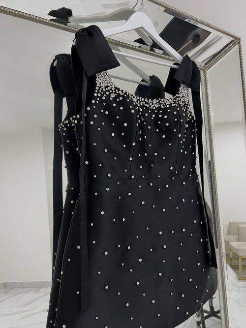 Valen | Black Square Neck Satin Short Strapless Homecoming Dress With Beading