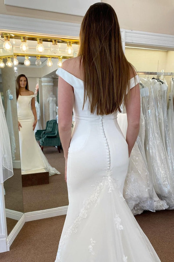 Liberty | White Off the Shoulder Long Mermaid Wedding Dress with Lace Appliques