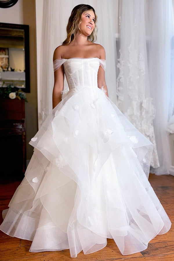 Monica | Simple White Corset A-Line Wedding Dress with Appliques
