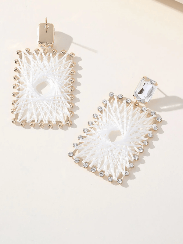 White Braided Raffia Square Earrings - KissProm