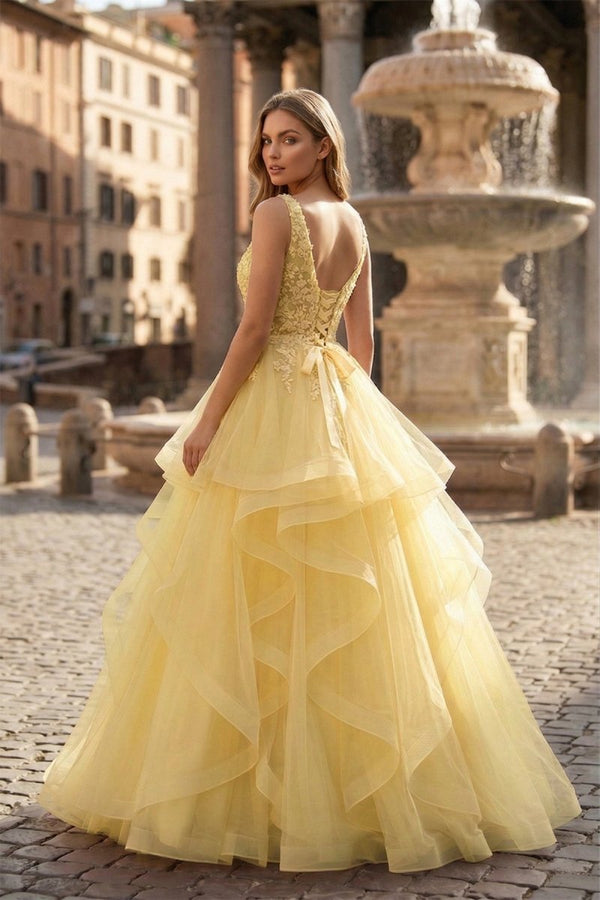 A-Line Prom Dresses Princess Dress Formal Floor Length Sleeveless V Neck Tulle Backless with Pleats Appliques – Prom Dress by KissProm | Available at KissProm