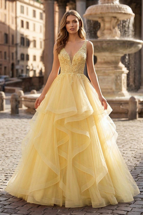 A-Line Prom Dresses Princess Dress Formal Floor Length Sleeveless V Neck Tulle Backless with Pleats Appliques – Prom Dress by KissProm | Available at KissProm