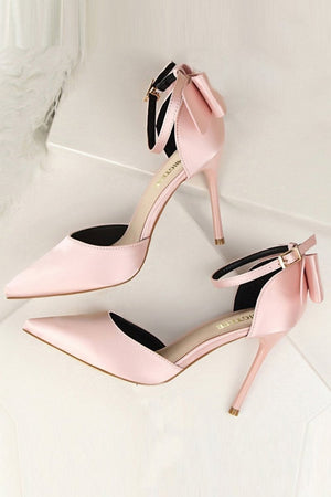 Burgundy Satin Prom Heels with Bowknot - KissProm