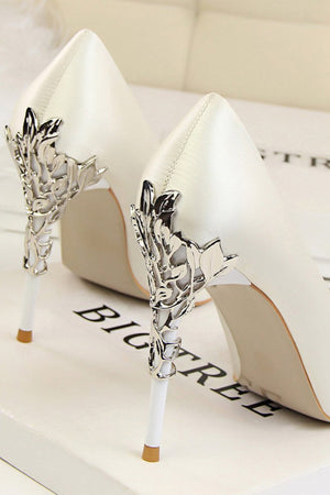 Burgundy Shallow Metal Stiletto Heels - KissProm