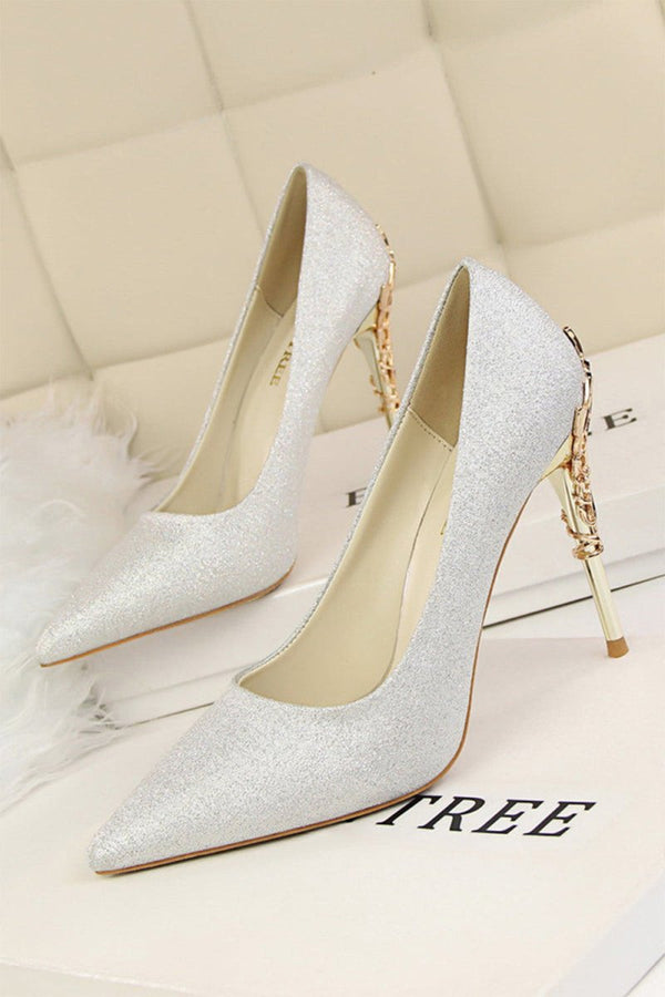 Burgundy Shallow Metal Stiletto Heels - KissProm