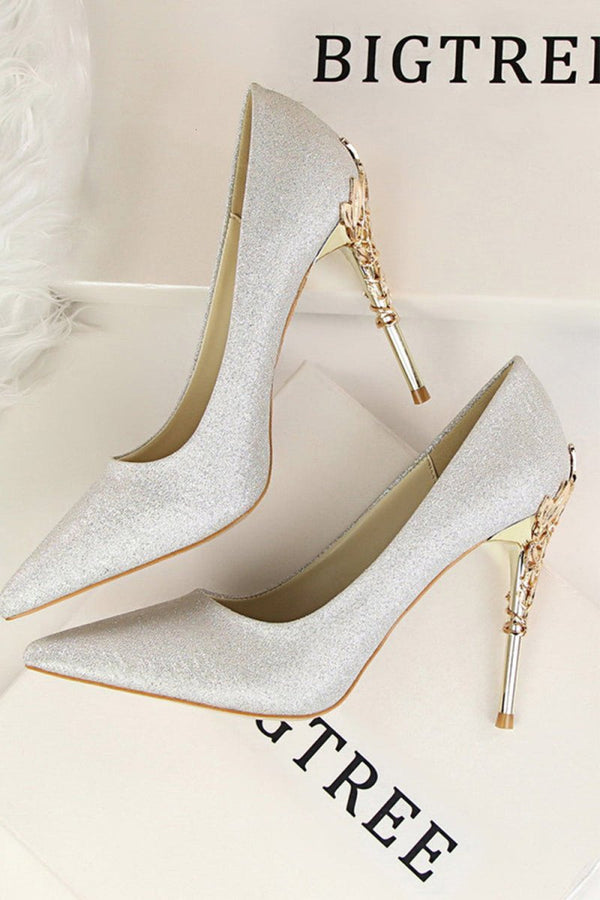 Burgundy Shallow Metal Stiletto Heels - KissProm