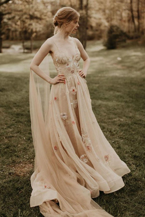 A-line 3D Flower Colorful V Neck Tulle Forest Wedding Dresses – Wedding Dresses by KissProm | Available at KissProm