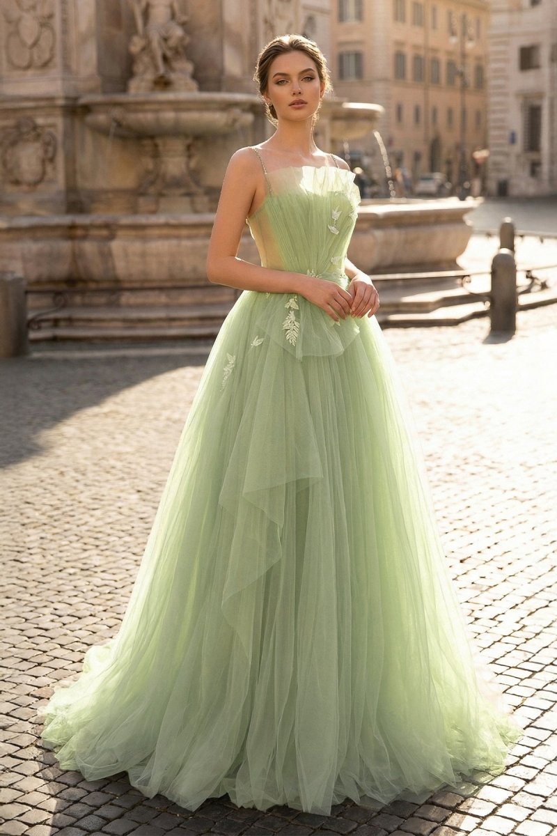 A Line Corset Back Sage Green Tulle Long Dresses - KissProm
