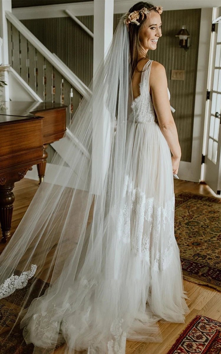 A-Line Lace Bohemian V-neck Wedding Dress With Low-V Back And Appliques