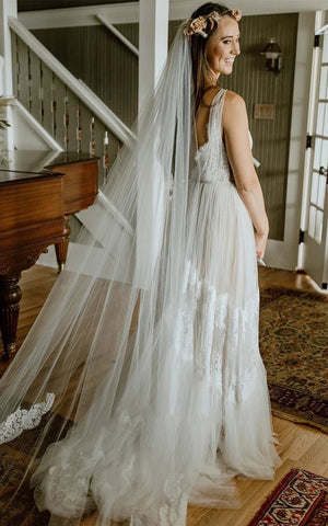 A-Line Lace Bohemian V-neck Wedding Dress With Low-V Back And Appliques
