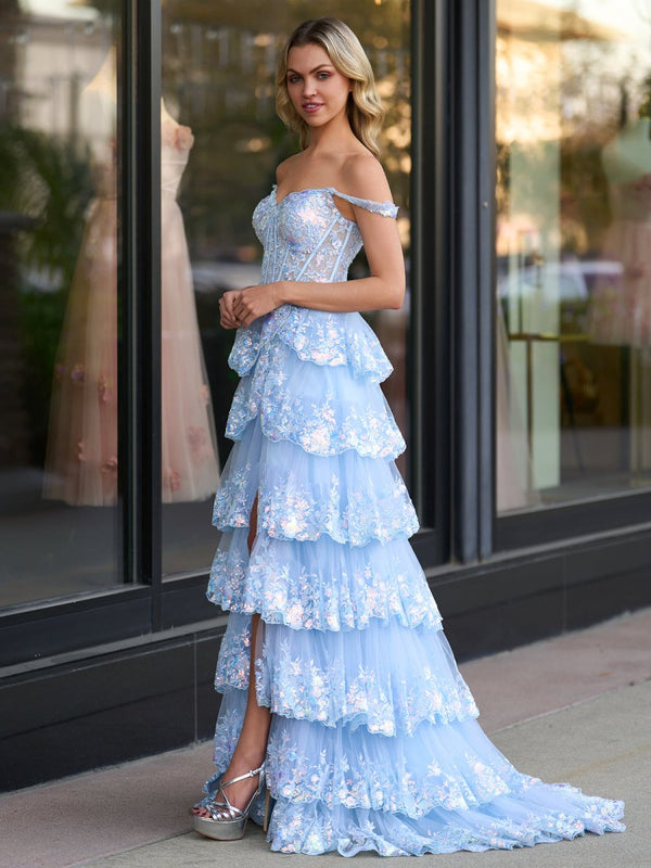 A-Line Lace Off-the-Shoulder Tiered Long Prom Dress with Slit – Prom Dress by KissProm | Available at KissProm