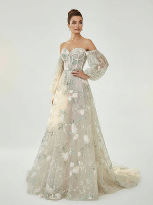 A - Line Light Green Sweetheart Pearl Wedding Dress - KissProm