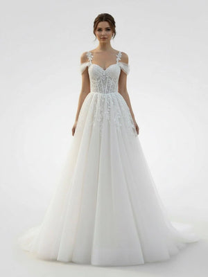 Elodika | A - Line Off - The - Shoulder Tulle Wedding Dresses With Appliques Lace - KissProm
