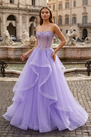 A - line Sweetheart Sleeveless Sweep Train Tulle Prom Dress With Beading Appliqued - KissProm