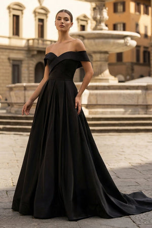 A-Line Prom Dresses Celebrity Style Dress Christmas Sleeveless Off The Shoulder Satin with Slit – Prom Dress by KissProm | Available at KissProm