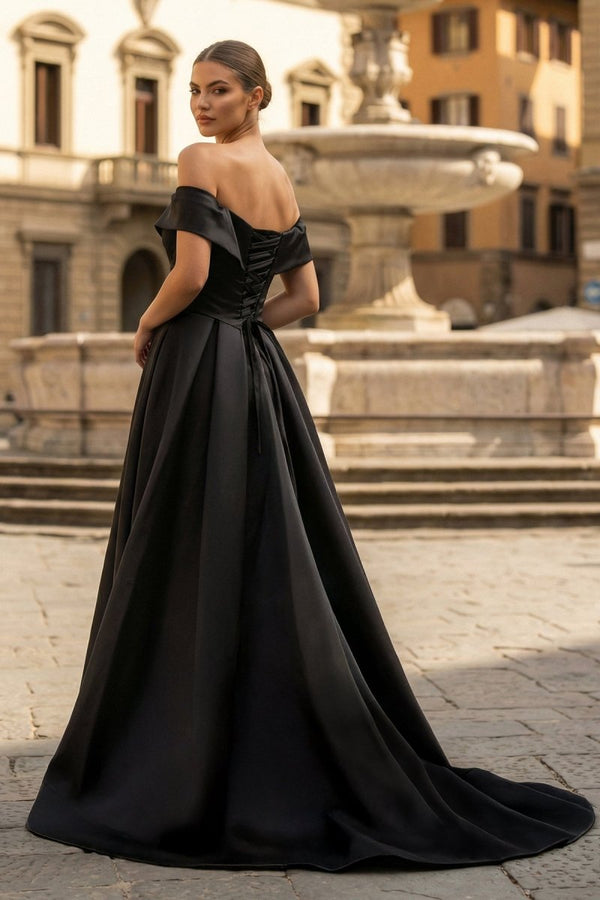 A-Line Prom Dresses Celebrity Style Dress Christmas Sleeveless Off The Shoulder Satin with Slit – Prom Dress by KissProm | Available at KissProm
