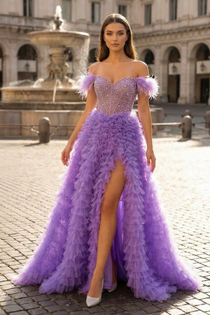 A Line Off the Shoulder Tiered Tulle Prom Dress With Slit - KissProm