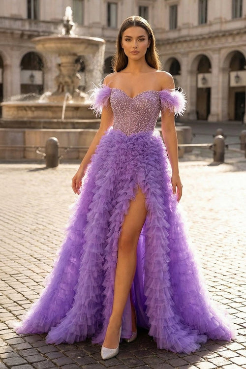 A Line Off the Shoulder Tiered Tulle Prom Dress With Slit - KissProm