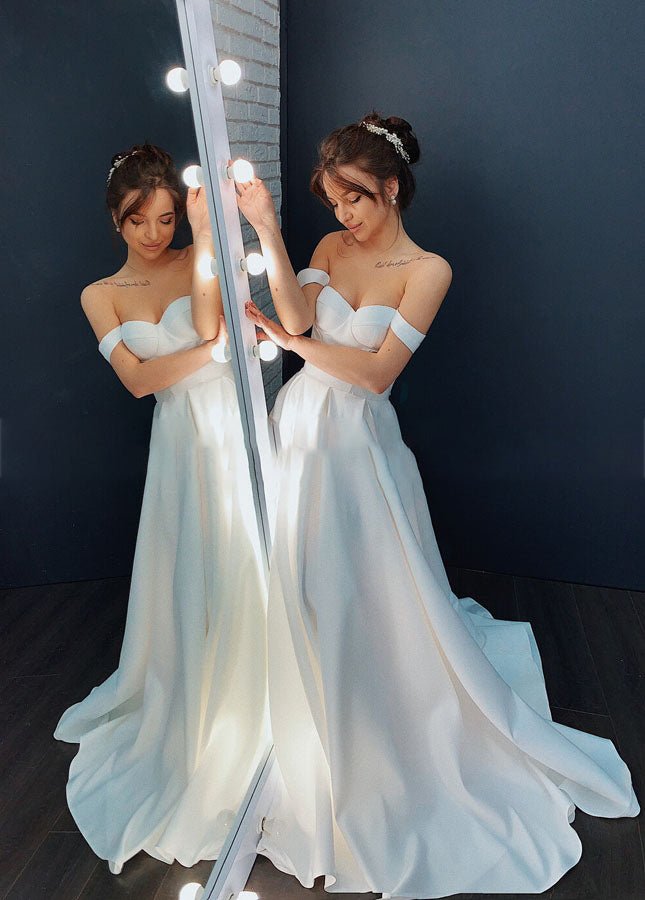 Ginevra | A-line Off-the-Shoulder Sleeveless Satin Simple Bride Wedding Dress