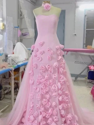 KissProm-A Line Sexy Sweetheart Sleeveless Pink Slit Flowers Prom Dress