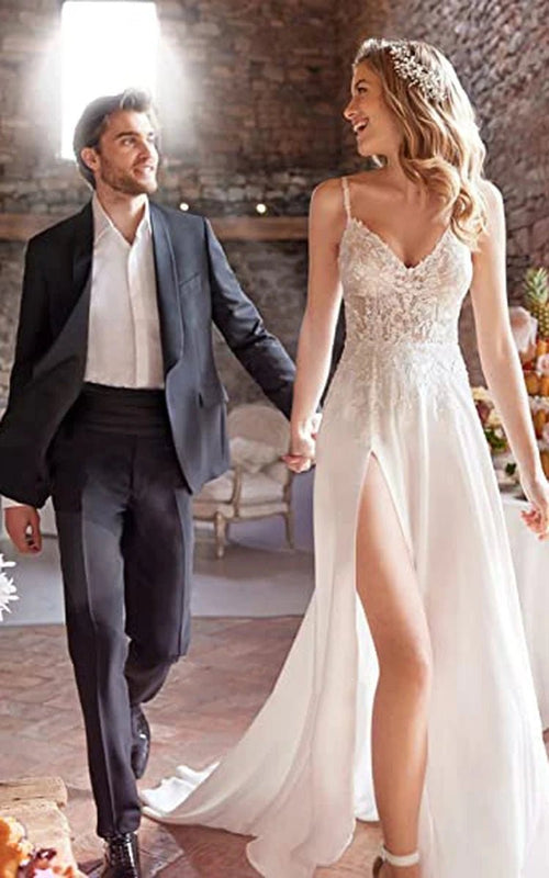 A-Line Spaghetti Chiffon Wedding Dress Simple Bohemian Elegant Summer Beach Garden With Open Back And Sleevesless And Split Front