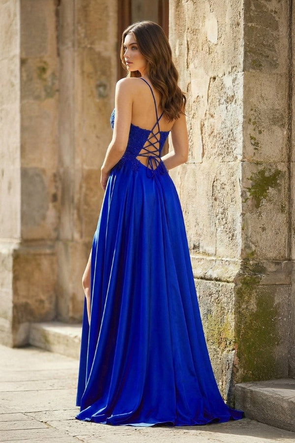 A - line Spaghetti Straps Corset Back Prom Dress With Split - KissProm