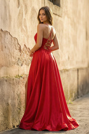 A - line Spaghetti Straps Corset Back Prom Dress With Split - KissProm