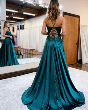 A-line Spaghetti Straps Corset Back Prom Dress With Split