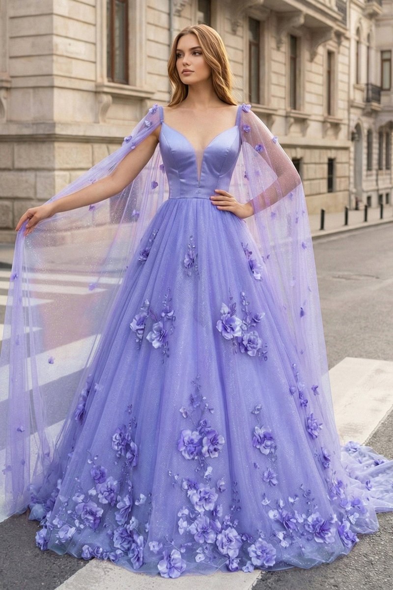 Lavender 3D Floral Lace A - Line Prom Dress with Cape Sleeves - KissProm