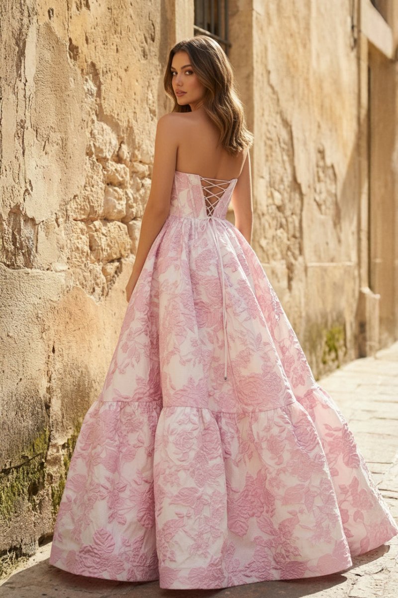 A-Line Sweetheart Floral Printed Long Prom Dresses – Prom Dress by Kissprom | Available at KissProm